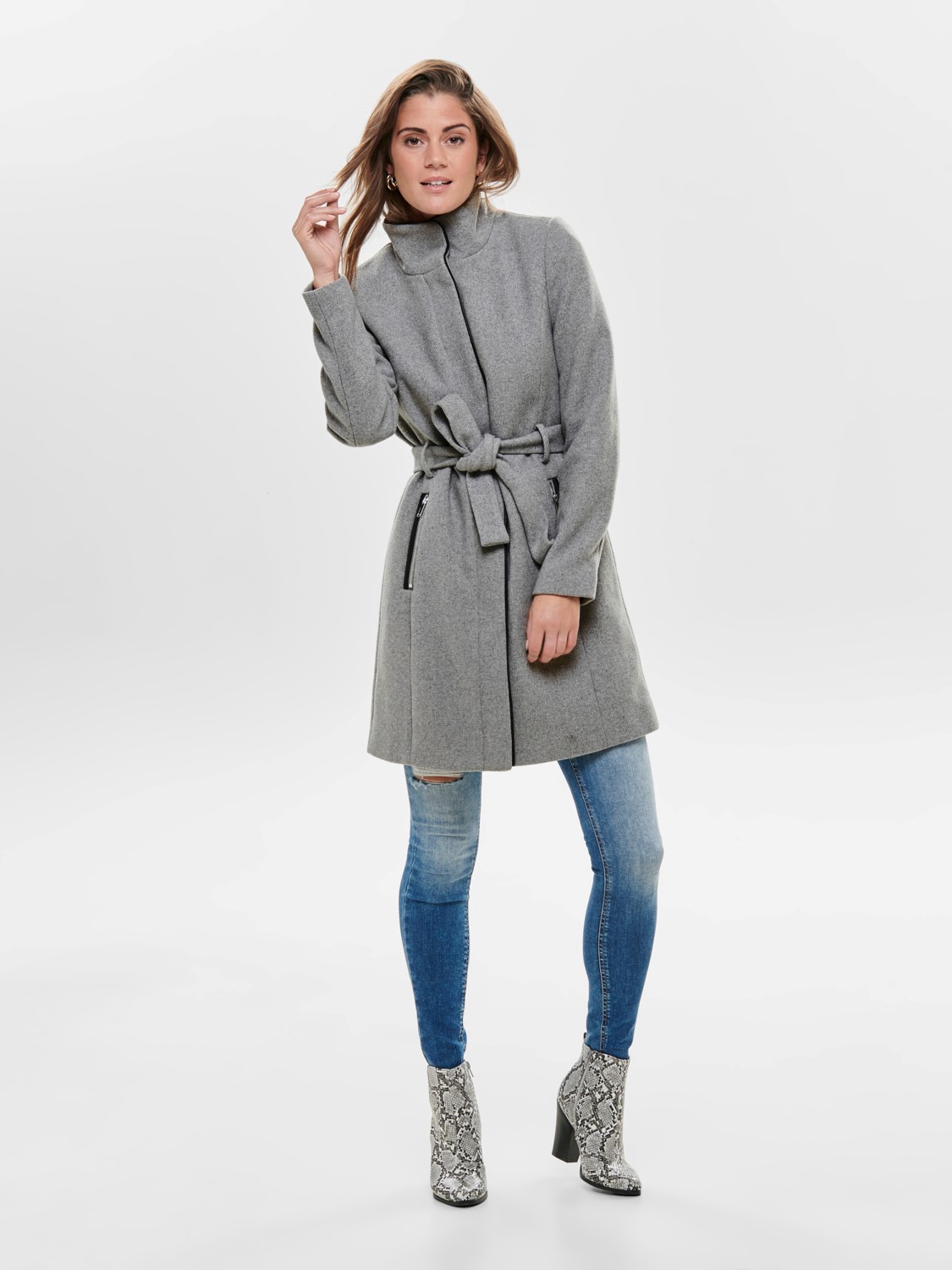 Light grey pants with long grey oversized knitted mohair coat by Les  Copains RTW 2015